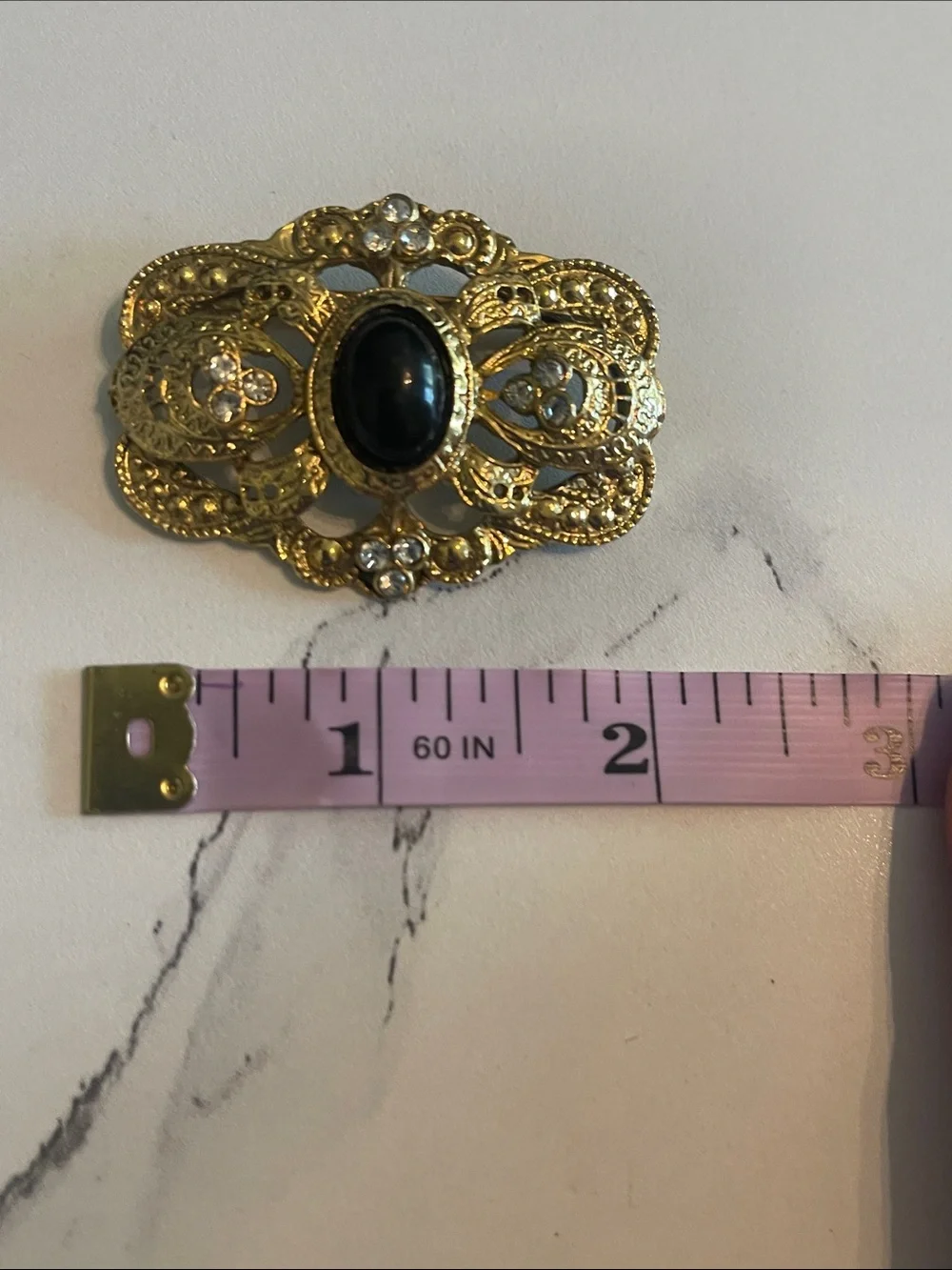 Gold Filigree Brooch with Black Cabochon